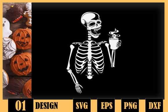 Halloween Coffee Drinking Skeleton Skull Graphics for Crafts